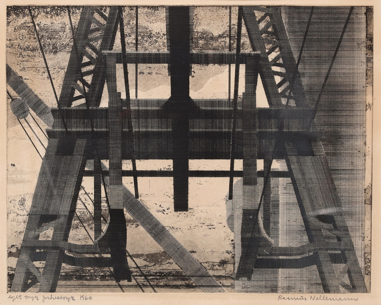 RASMUS NELLEMANN (1923-2004). Composition with cranes, etching, signed, Denmark, 1960.