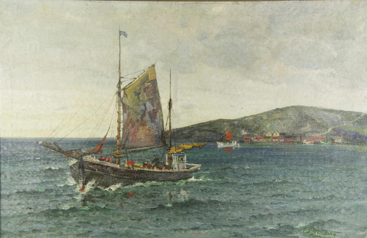 JENS SINDING CHRISTENSEN. Fiskebåt till havs, olja på duk, signerad J. Sinding C.