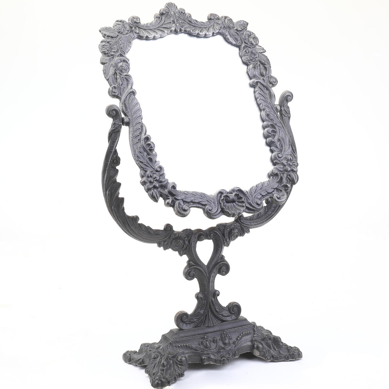 TABLE MIRROR on base, cast iron. Letters Use Kilsmo.