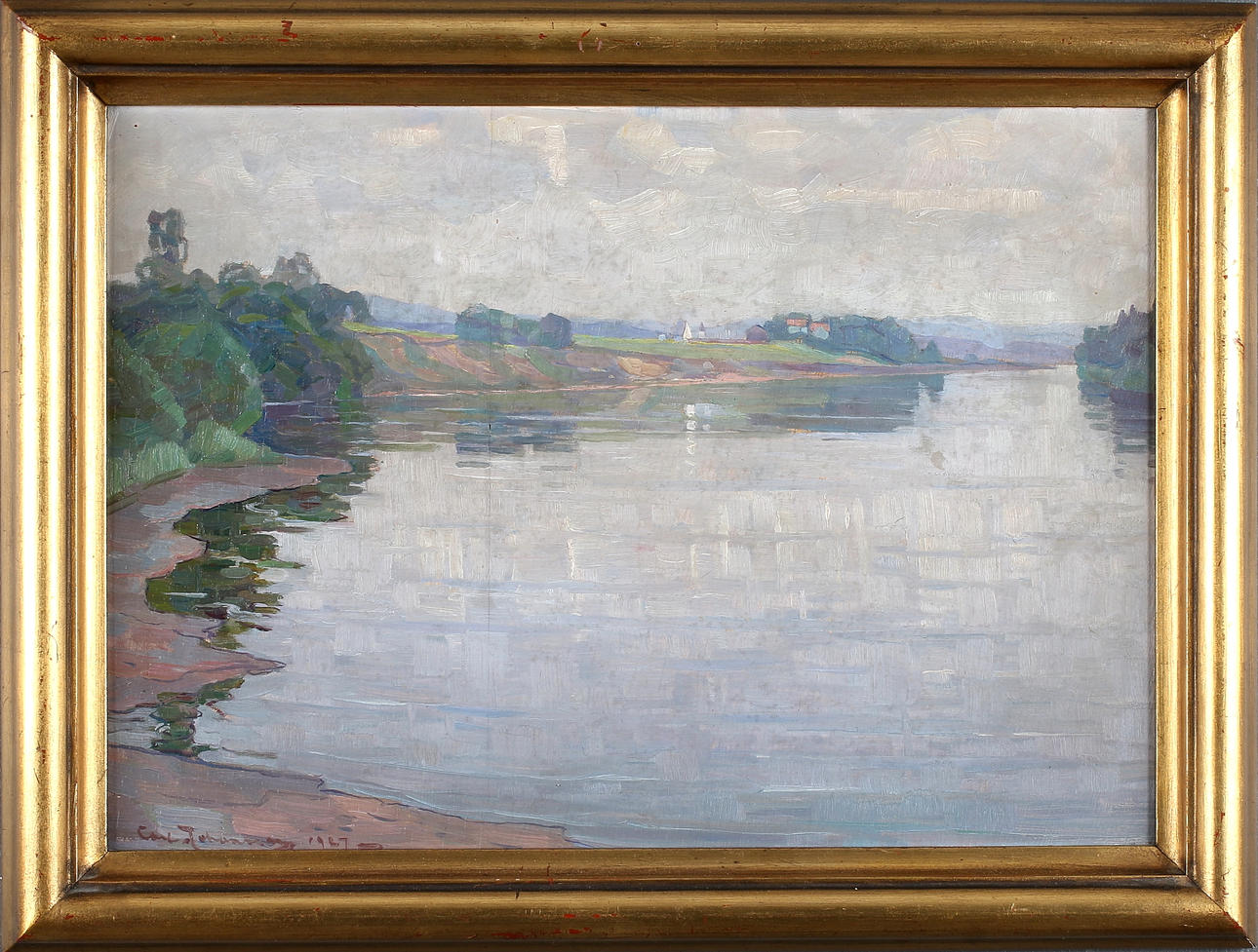 CARL JOHANSSON. "Disig sommardag vid Ångermanälven", olja på pannå, signerad och daterad 1927.