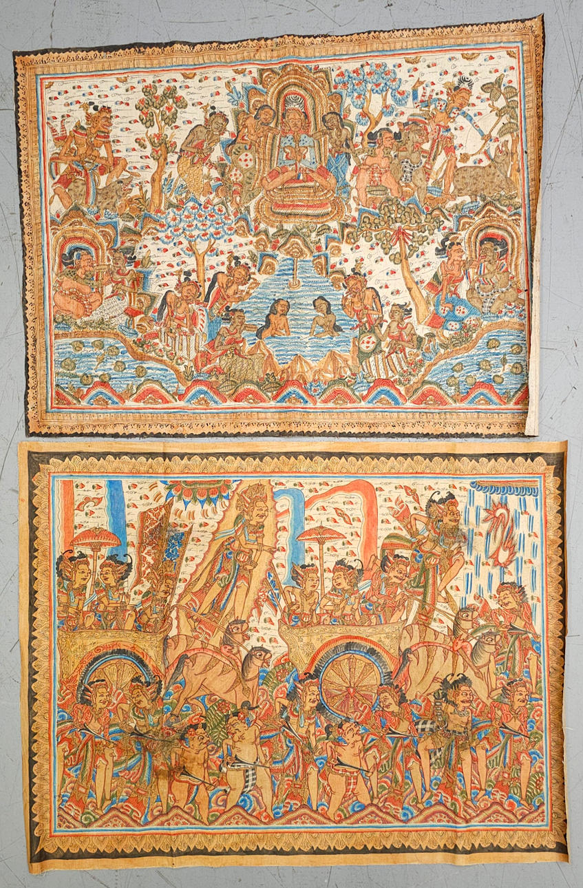 2 TYGER MÅLADE I JAVA ELLER BALI, MED ORIENTALISKA KARAKTÄRER.