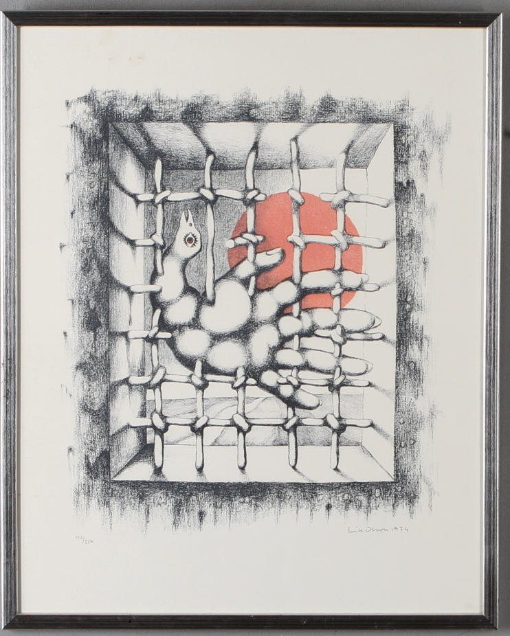 ERIK OLSON. Komposition, färglitorgrafi, signerad, daterad 1974 samt numrerad 143/250.