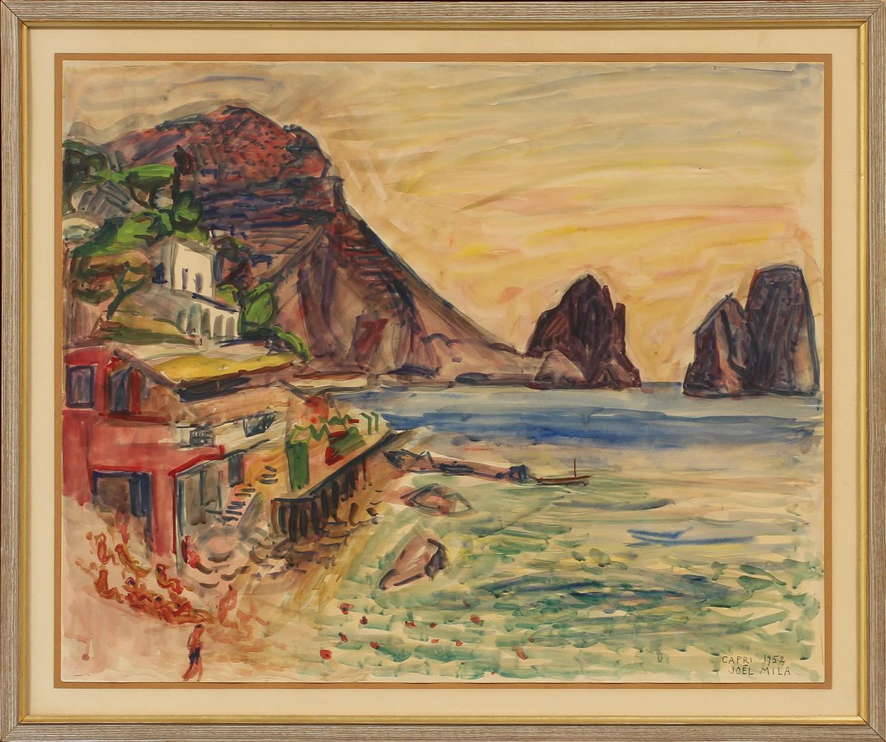 JOEL MILA. "Capri", akvarell uppklistrad på papper, signerad samt daterad 1952.