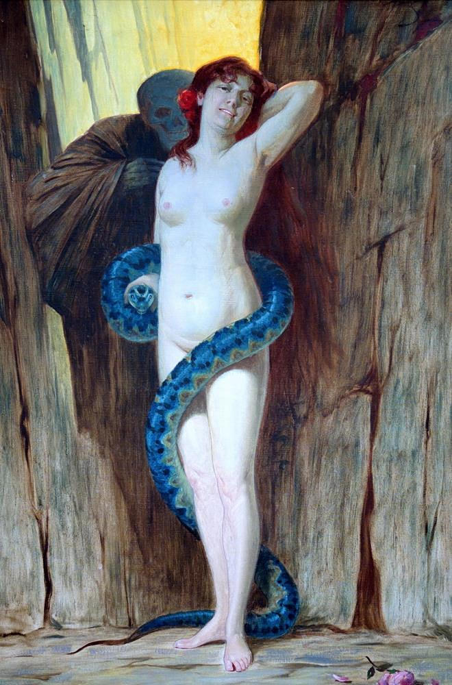 KONSTVERK, kvinnlig naken med orm.