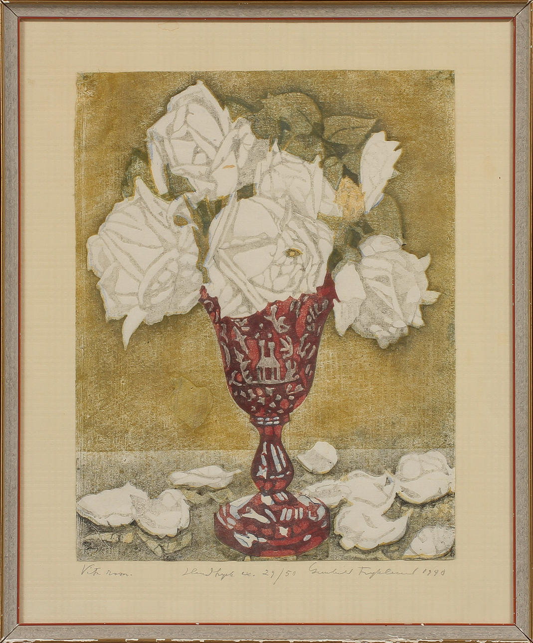 GUNHILD FRYKLUND. "Vita rosor", träsnitt, signerad, handtryck ex. 29/50.