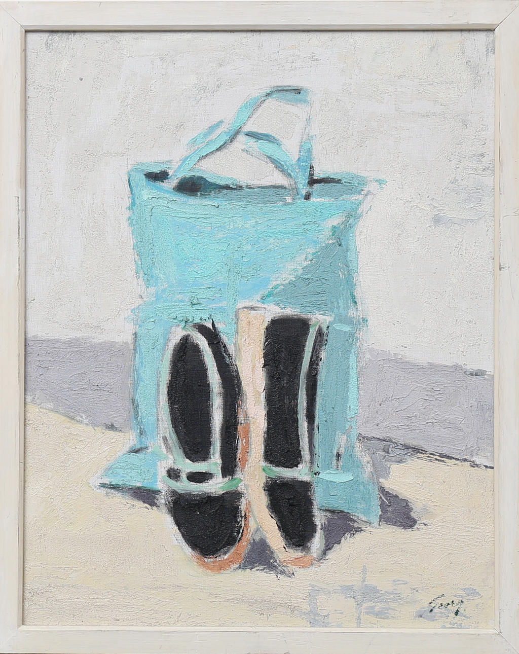 GEORG NILSSON. Väska med skor, olja på duk, signerad Georg.