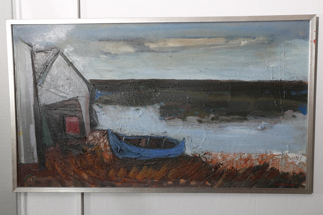 GUNNAR EKDAHL. Olja på duk, Fiskehodda med båt, signerad G Ekdahl.