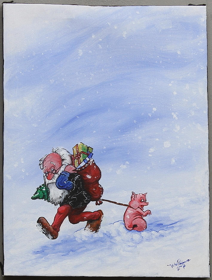 VIKTOR PEDERSEN. "Försenad jultomte". Olja på duk, signerad och daterad 2007.