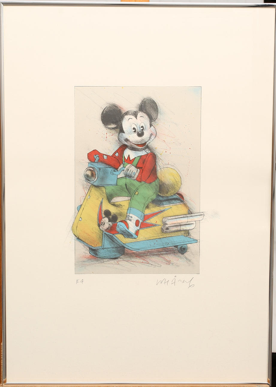 LASSE ÅBERG. lithograph, Mickey Mouse on scooter, signed, E.A.