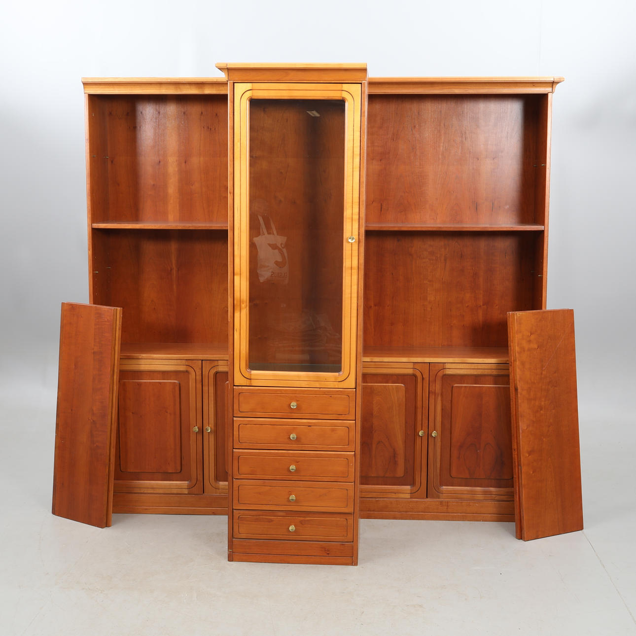 Bookcase, three sections, English style, one with display case.