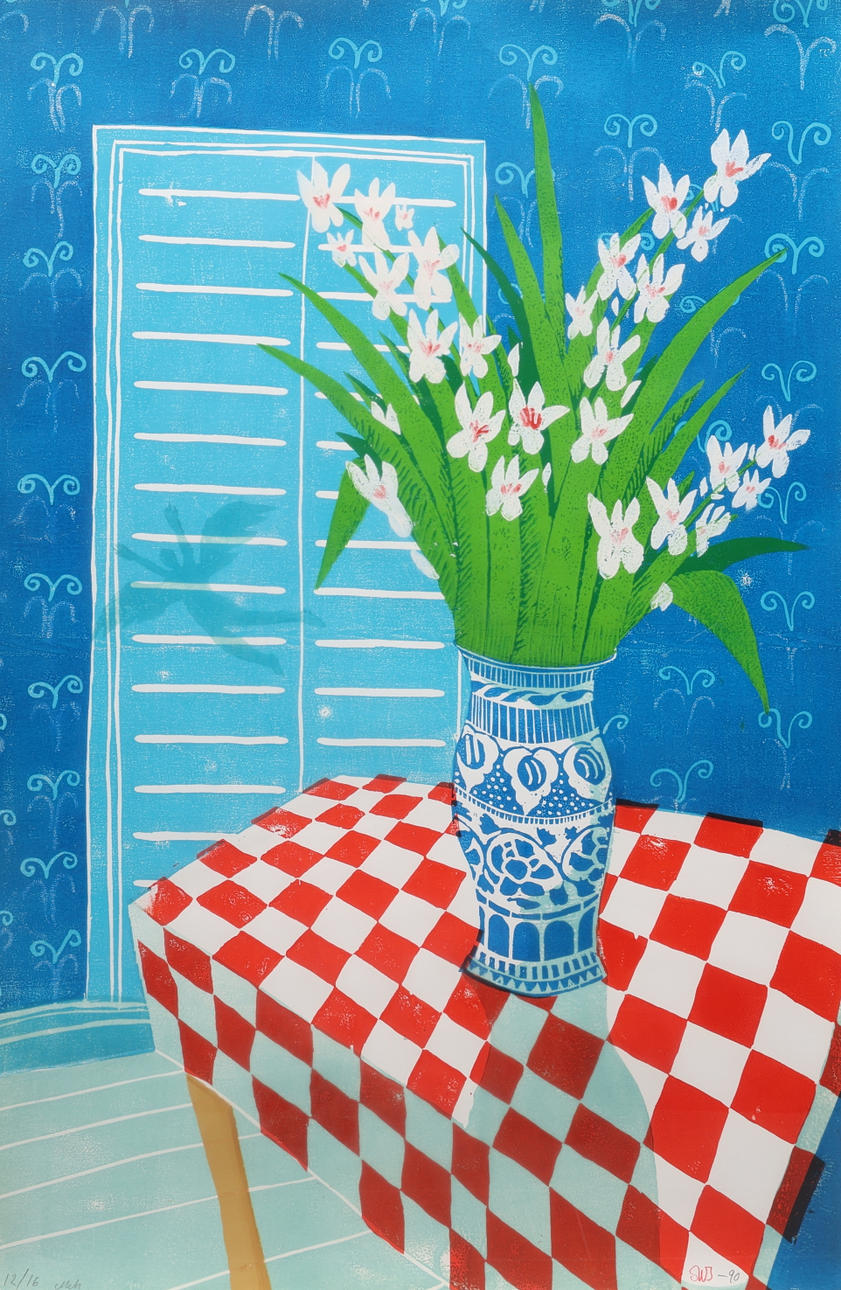 STEFAN W IGELSTRÖM, woodblock print, “Calcutta Room”, 133 x 93 cm, numbered 12/16, monogram signed SWI, dated -90.