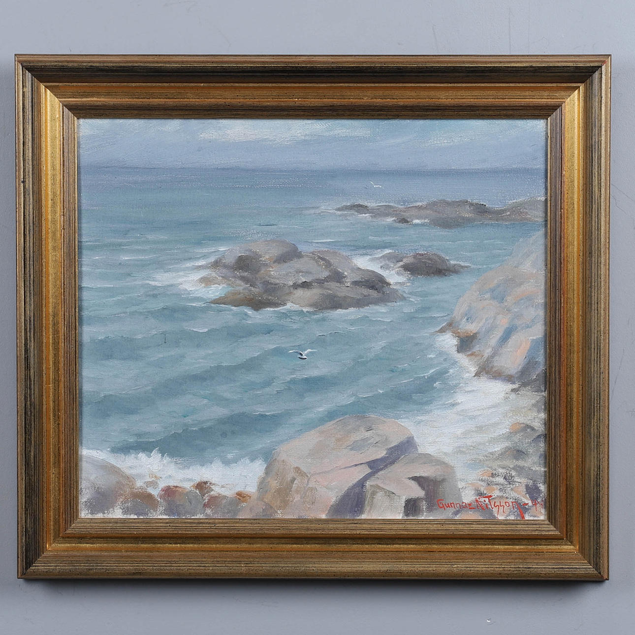 GUNNAR NILSSON. COASTAL CLIFFS, OIL ON PANEL, SIGNED.