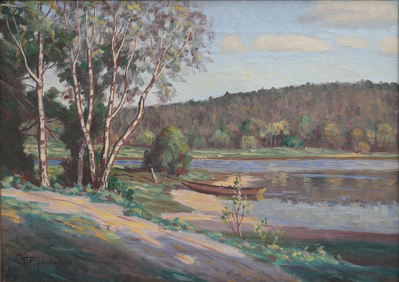 OTTO JANSSON. Insjölandskap. Olja på duk, signerad.