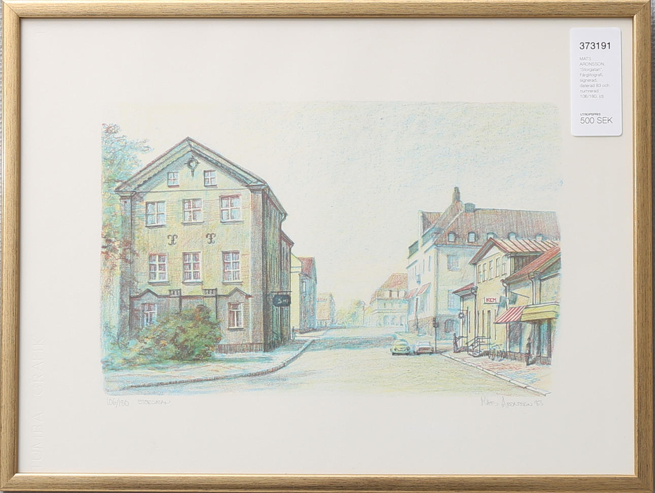 MATS ARONSSON. "Storgatan". Färglitografi, signerad, daterad 83 och numrerad 106/180.