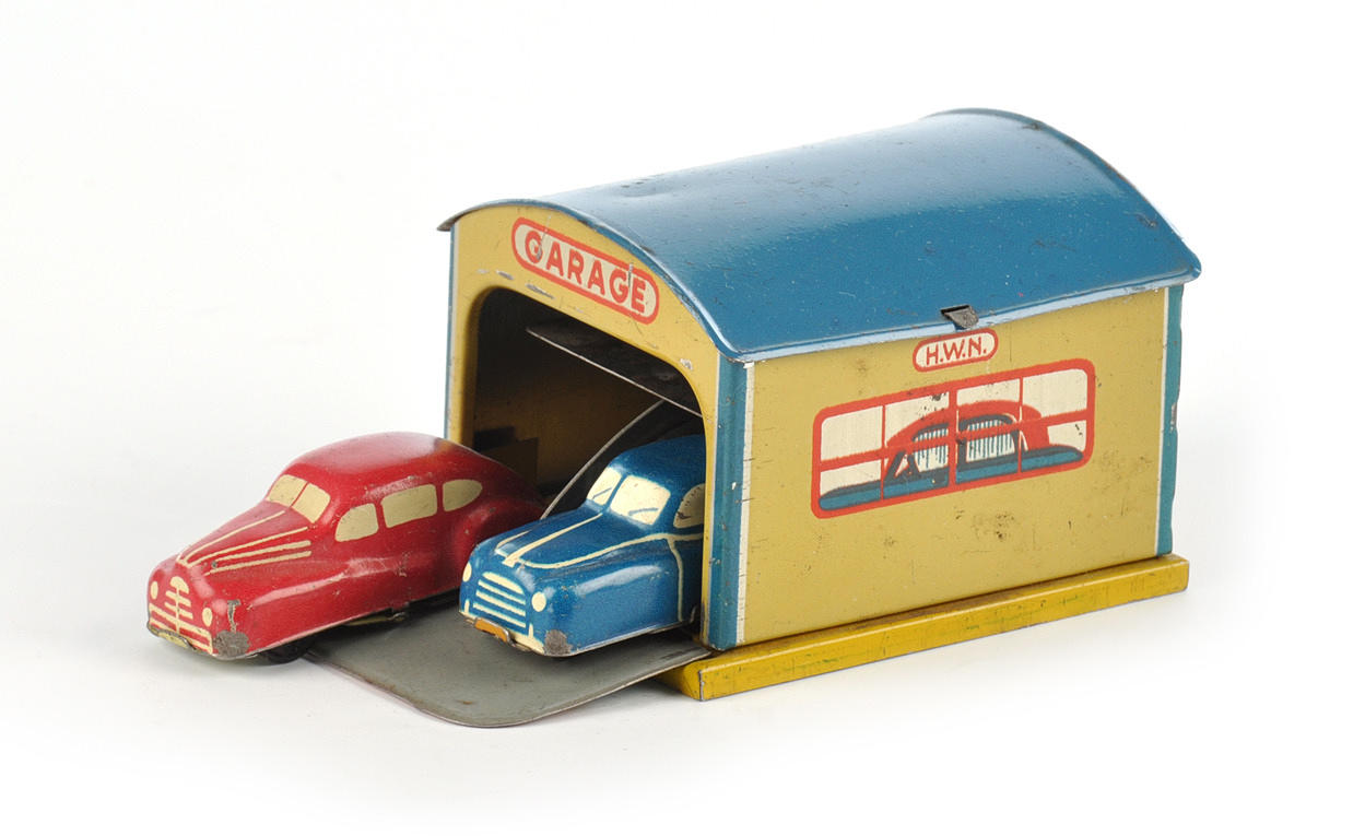 HEINRICH WIMMER, H.W.N. Garage med två fordon, litograferad. 1950-talet.