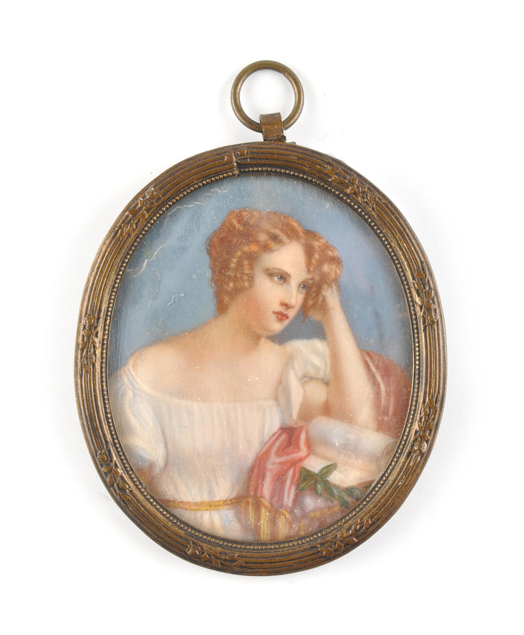 MINIATUR. Bröstporträtt av en ung kvinna, eftertänksamt stöds på armen.