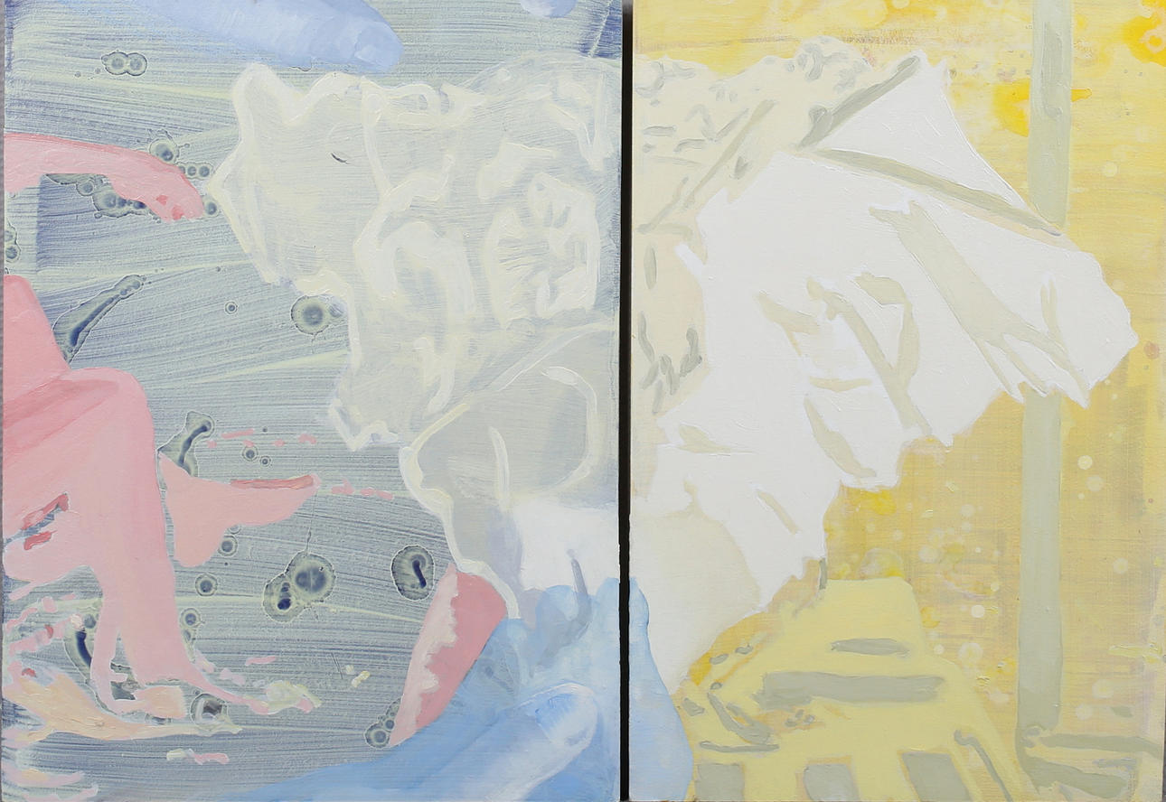 MARIA JÖNSON NASSOS. "Layers of time", diptyk, Akryl på pannå, signerad samt daterad 2009.