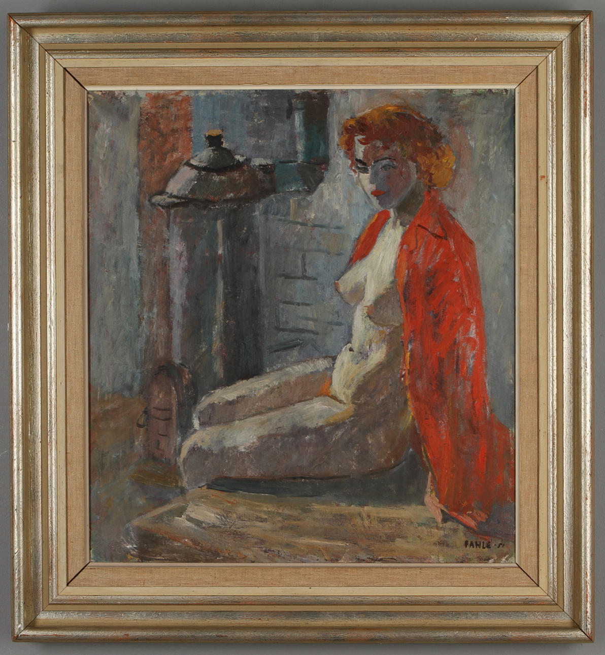 GUSTAF ADOLF FAHLE. "Röd modell vid kamin", olja på duk, signerad och daterad -51.