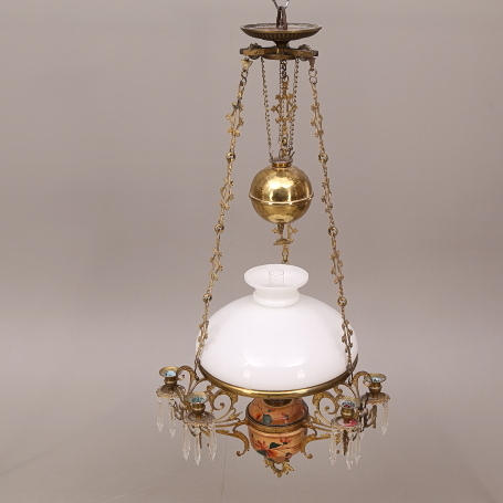 TAKFOTOGENLAMPA, majolika, gjutjärn, 18-/1900-tal, komplett.