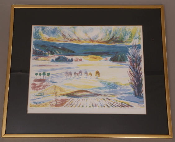 SVEN SCHÜTZER - BRANZÉN. TAVLA, litografi 28/90, signerad S. Schützer - Branzén -80, Vinter i Krokbäcken.