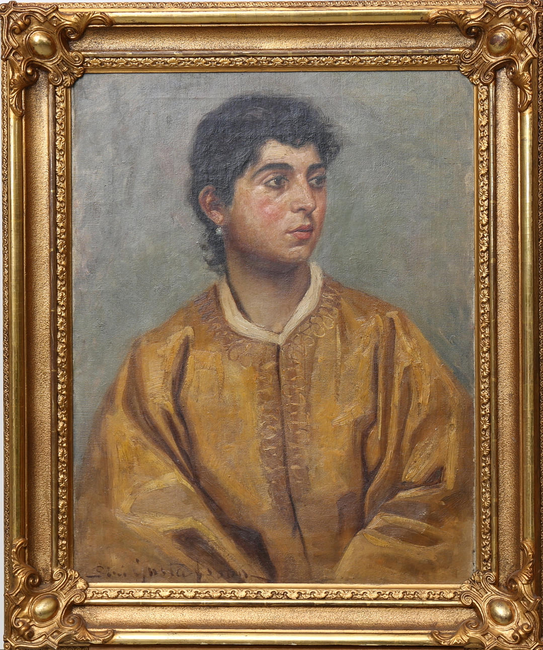 OIDENTIFIERAD KONSTNÄR. Olja på duk, porträtt av sydländsk skönhet. Bär signatur Siri Gustafsson.