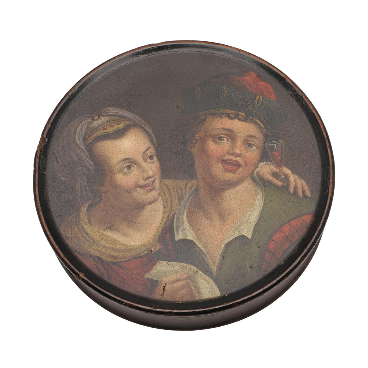 EINE GEORGISCHE RUNDE SCHACHTEL AUS PAPPMACHÉ.