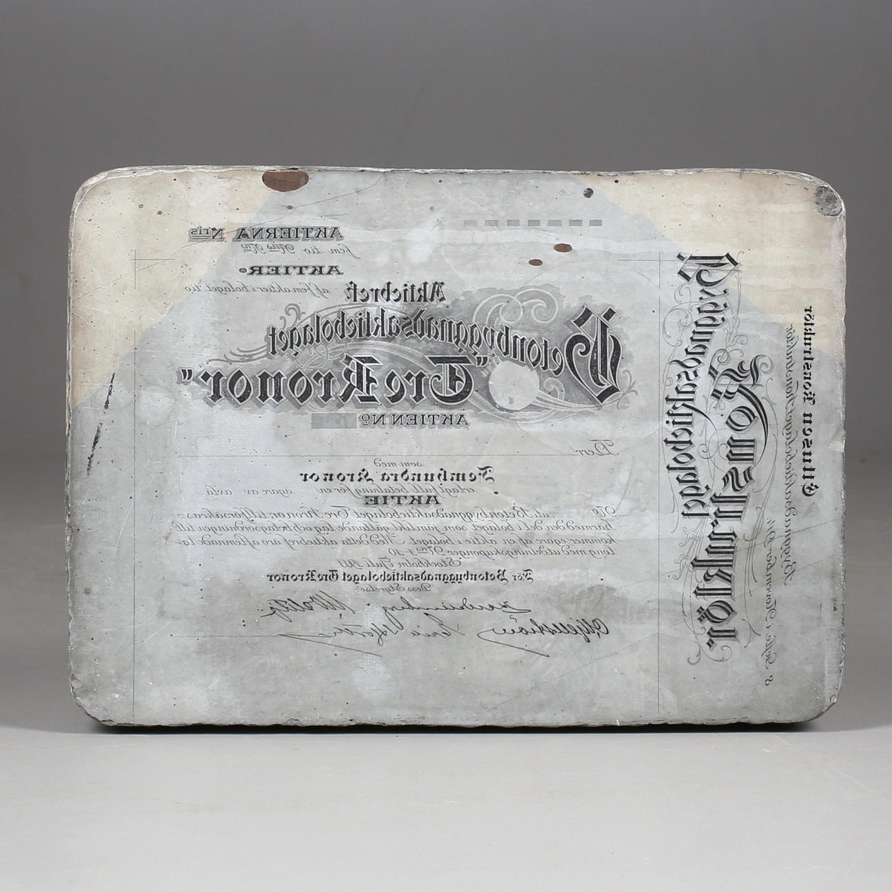 LITOGRAFISTEN, "Aktiebrev Betongbyggnadsaktiebolaget Tre Kronor, Stockholm Juli 1911.