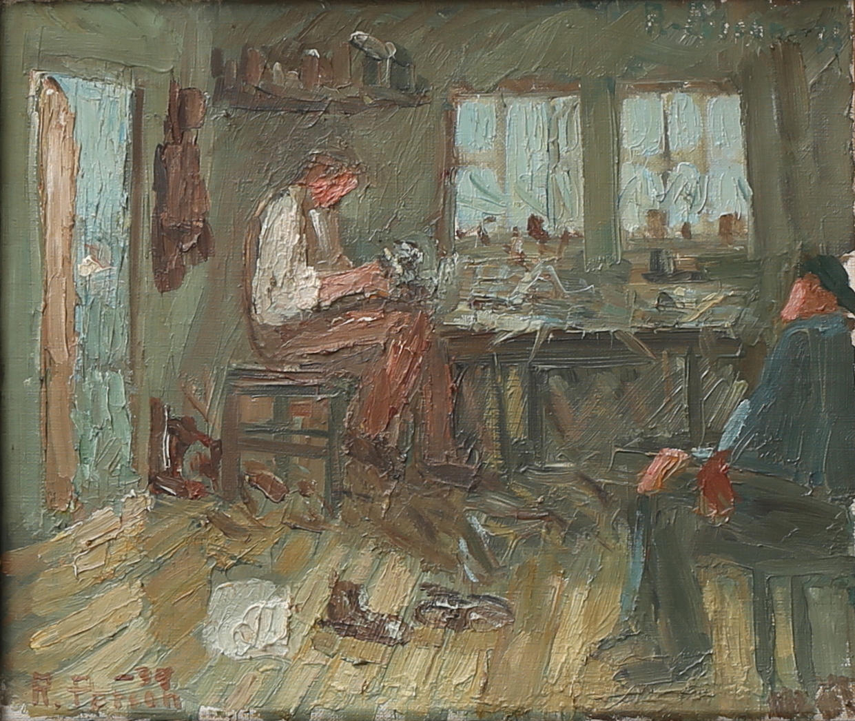 RAGNAR PERSON. Skomakaren. Olja på duk, dubbelsignerad och dubbeldaterad -35 samt -39.