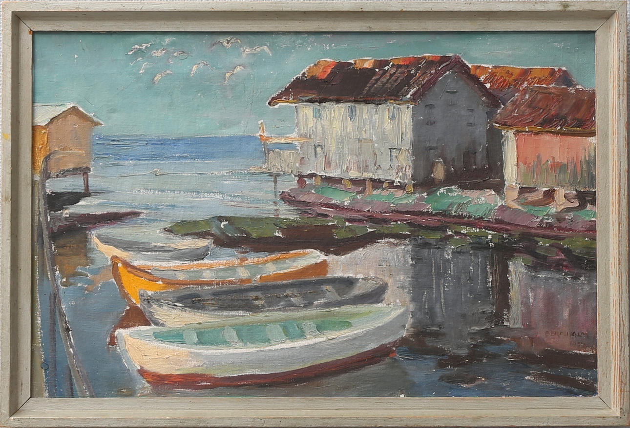 SIGURD BERNHOLM. Sjöbodar. Olja på duk, signerad och daterad 1939.