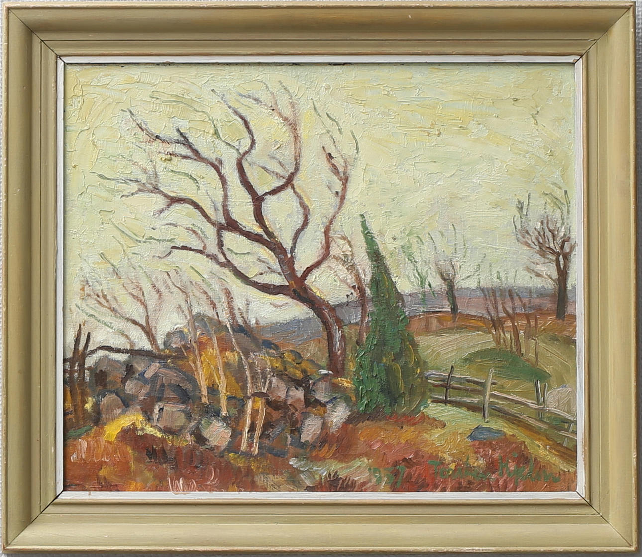 TORSTEN HJELM. "Höst". Olja på uppklistrad duk, signerad och daterad 1937.