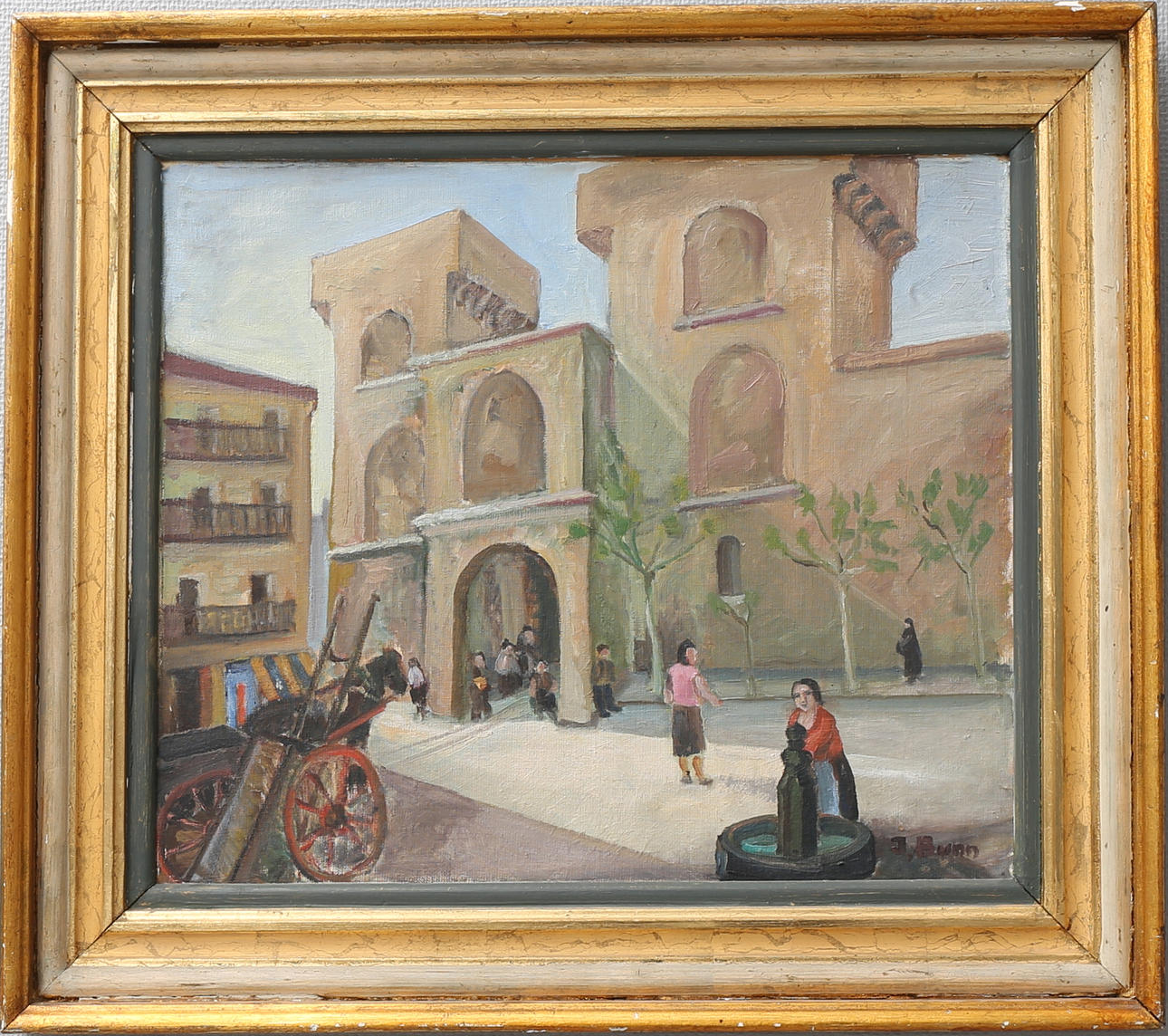JOHN BUNN. Spansk stadsbild. Olja på uppklistrad duk, signerad.