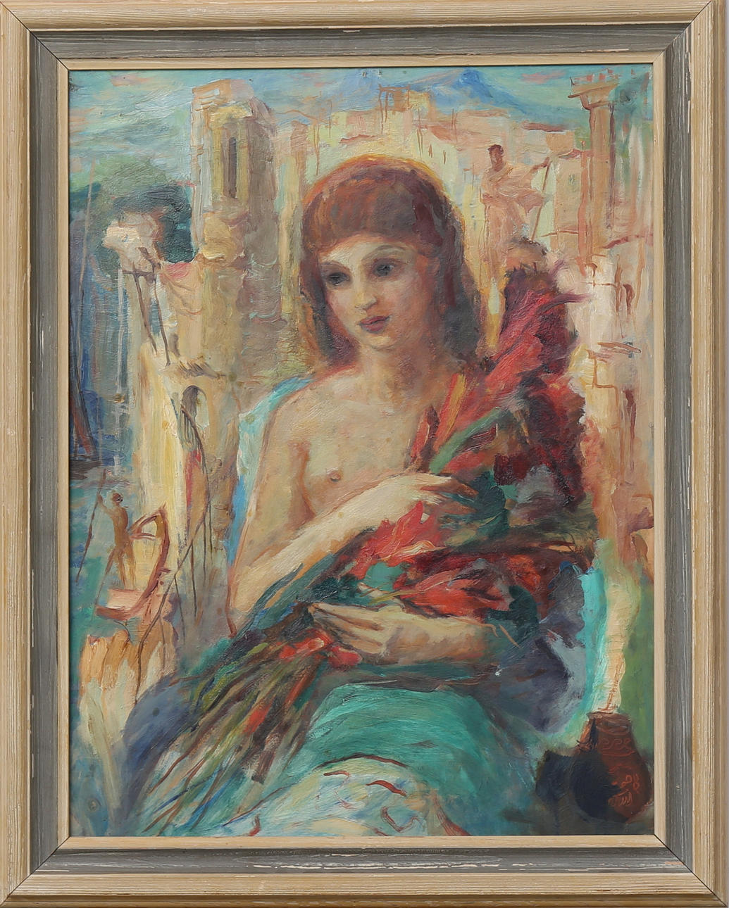 CONSTANTIN BRUNI. Modell med blommor, olja på pannå, signerad C Bruni.