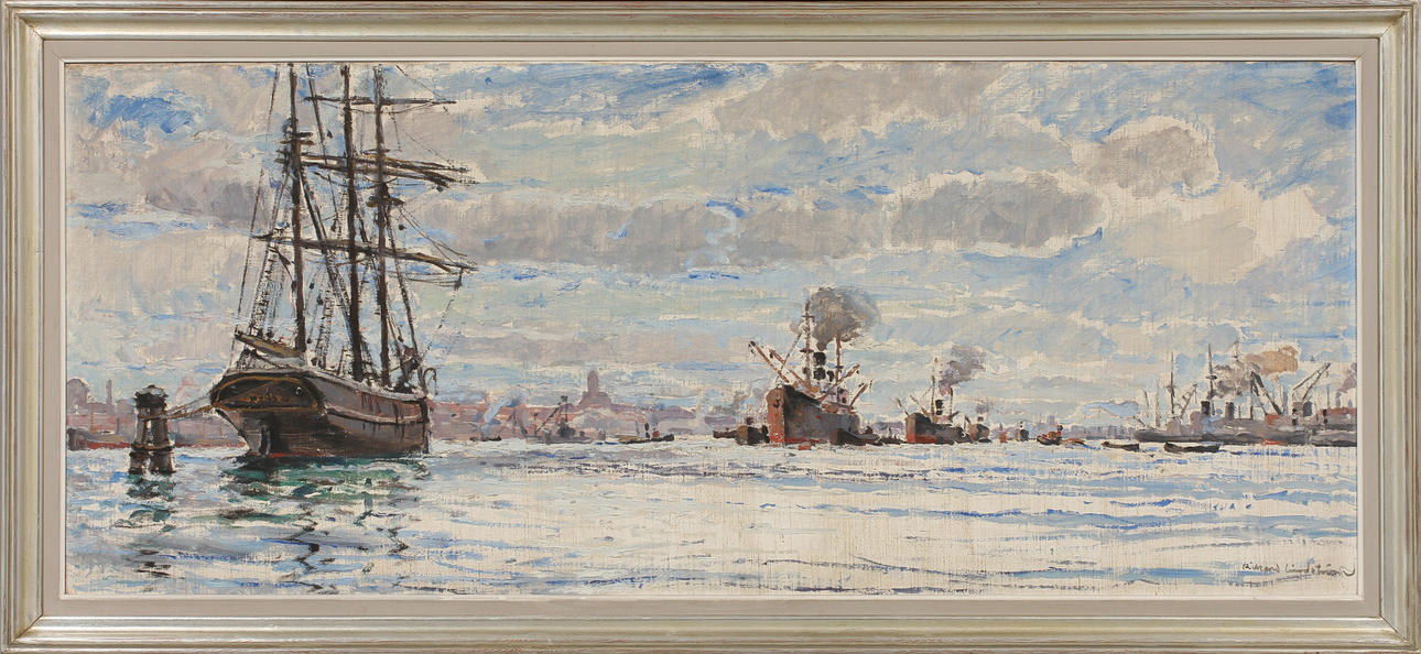 RIKARD LINDSTRÖM. Hamnbild, Göteborg, olja på duk, signerad.