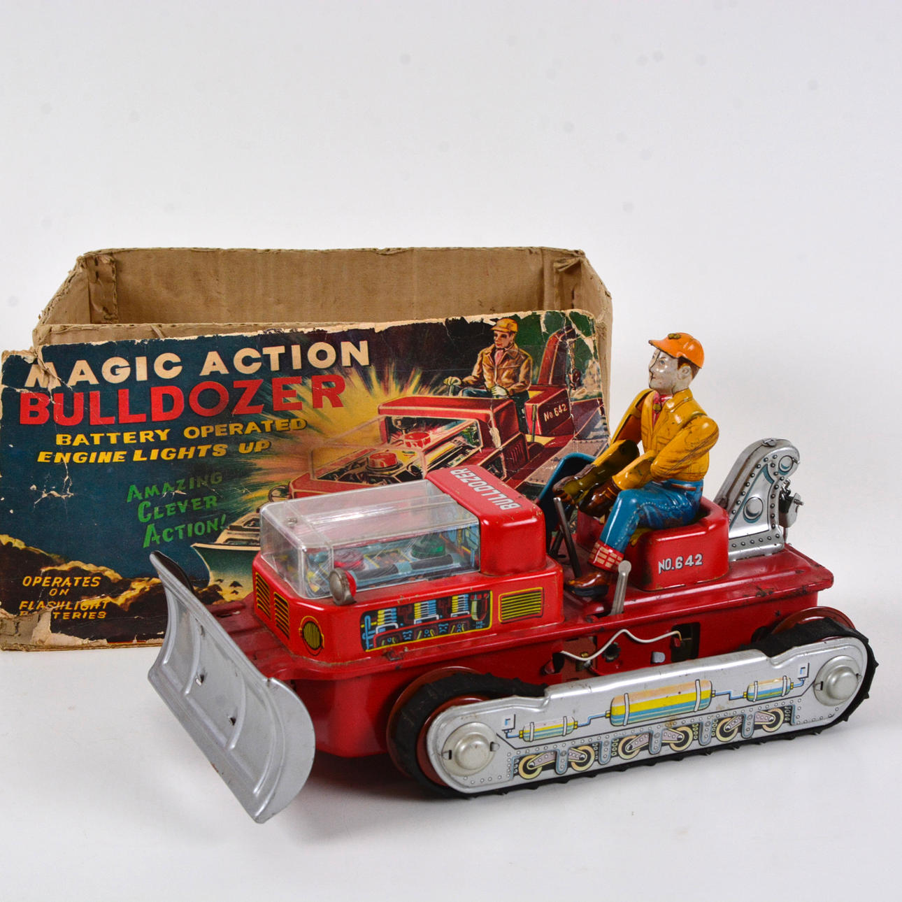 MAGIC ACTION BULLDOZER, a metal toy from Japan, 1960's. Toys