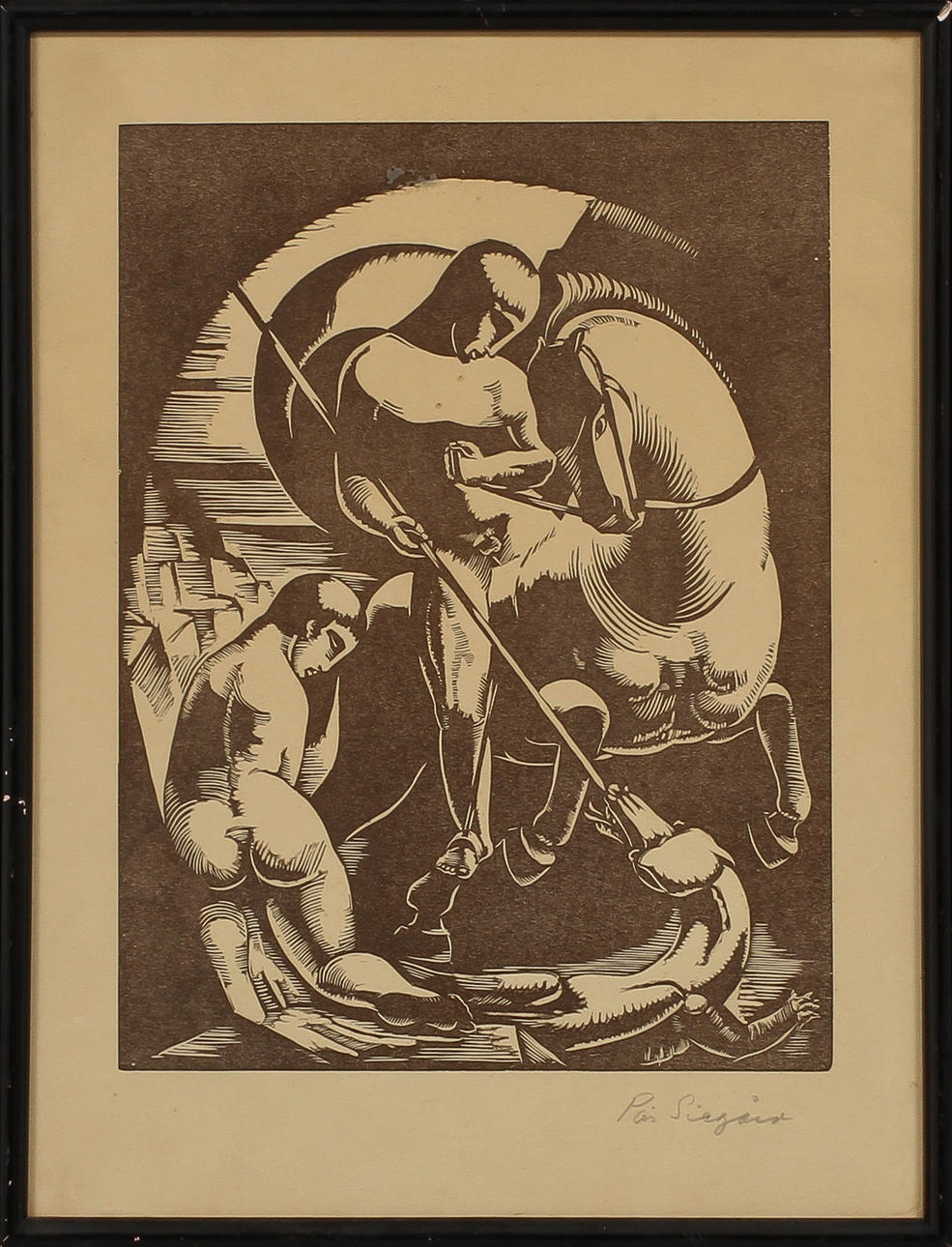 PÄR SIEGÅRD. Figurkomposition, linoleumtryck, signerad.