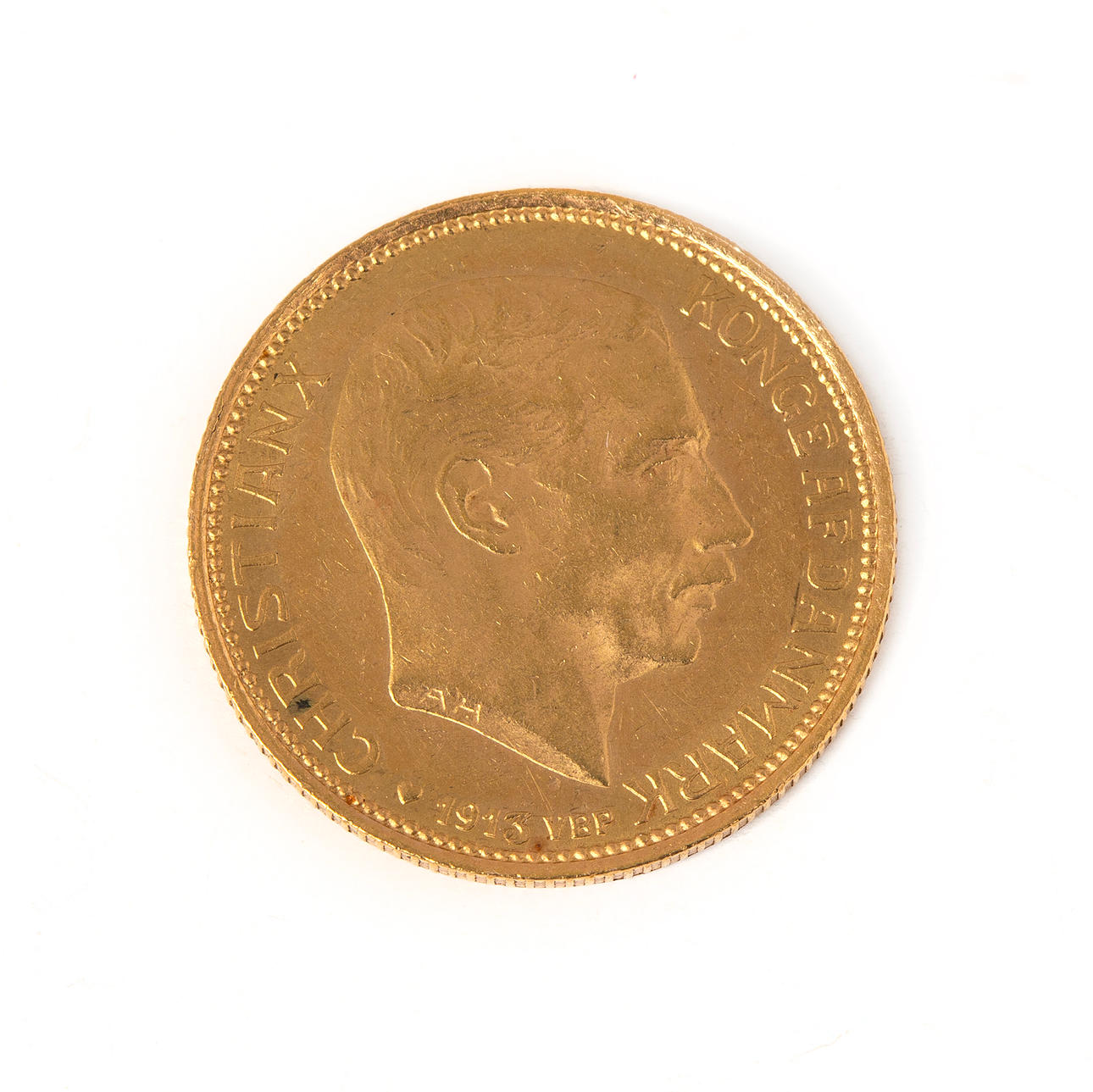 Mønt, Christian X af Danmark, 18K guld, 1913.
