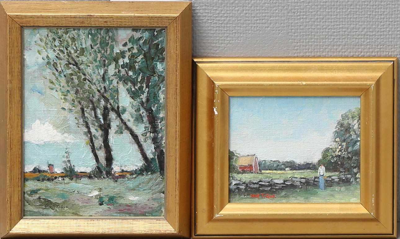 OLOF TRÄNK. Ölandsmotiv. Olja på uppklistrad duk, 2 st, signerade.