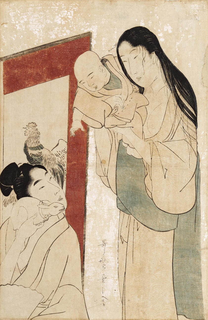 KITAGAWA UTAMARO (c 1753-1806) “The Tame Rabbit, colour woodcut with relief embossing and MICA foundation, late 1790s. Published by Mori-ya Jihei (Kinshindo).