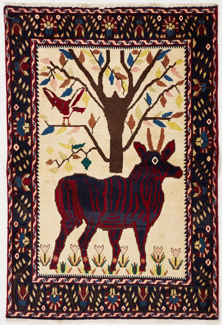 ORIENTATION MAT. Bakhtiari, figural, beige bottom color.