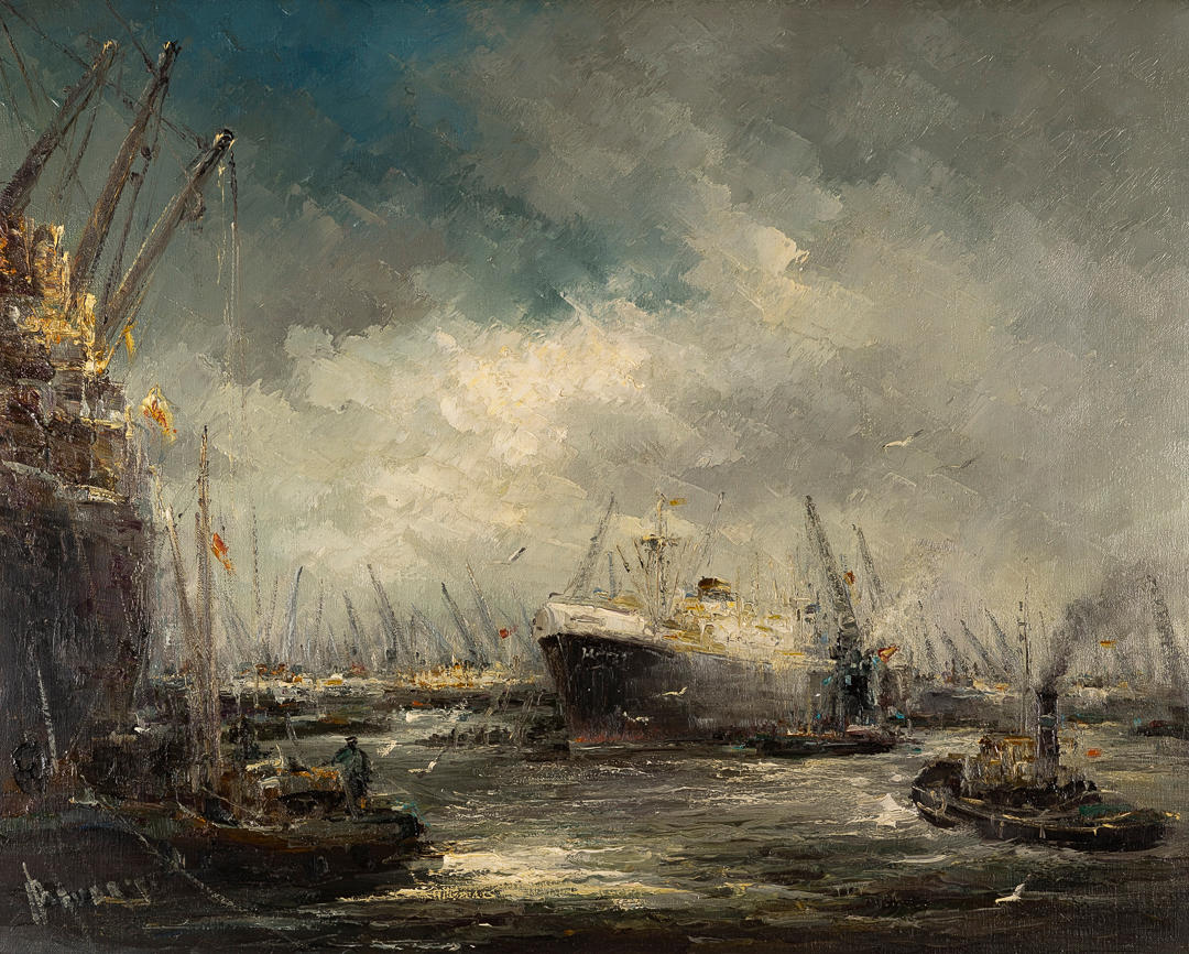 JAN BEVORT. “Lively harbor view of Rotterdam”. Oil on canvas.
