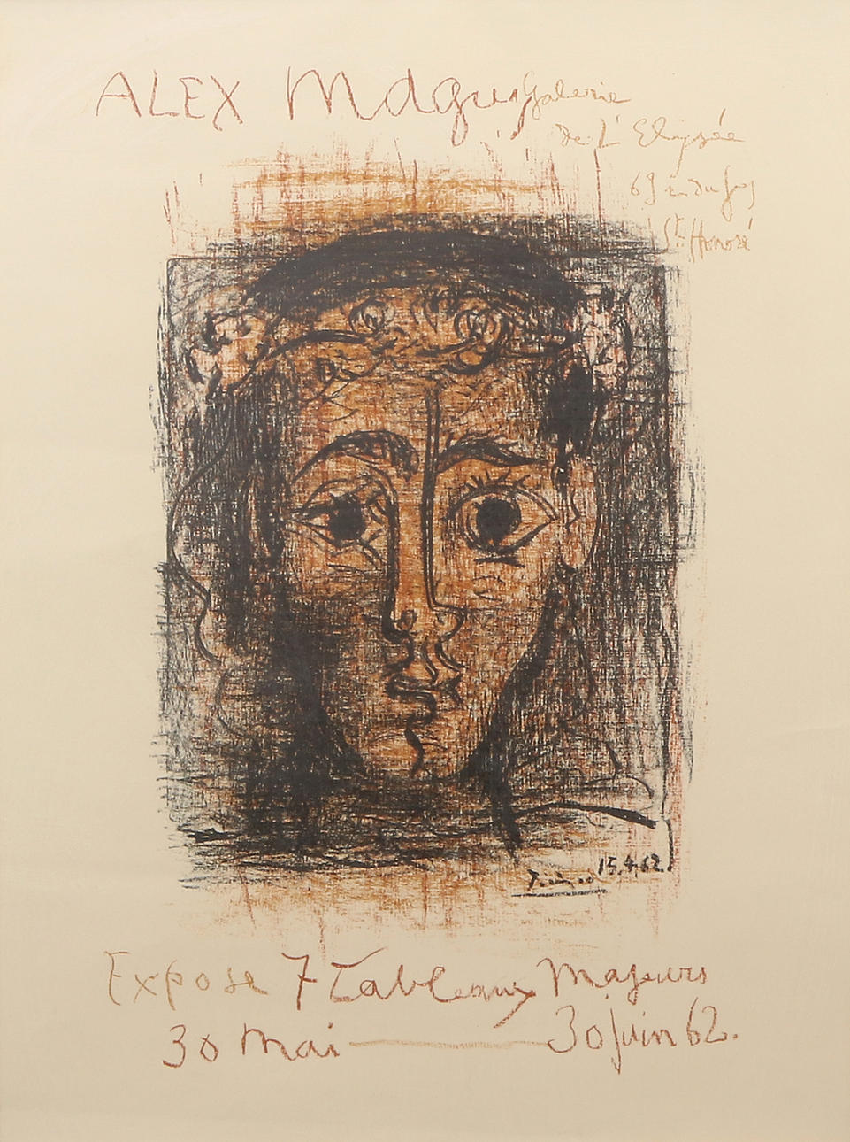 PABLO PICASSO. Lithographed Exhibition Poster. in 1962.