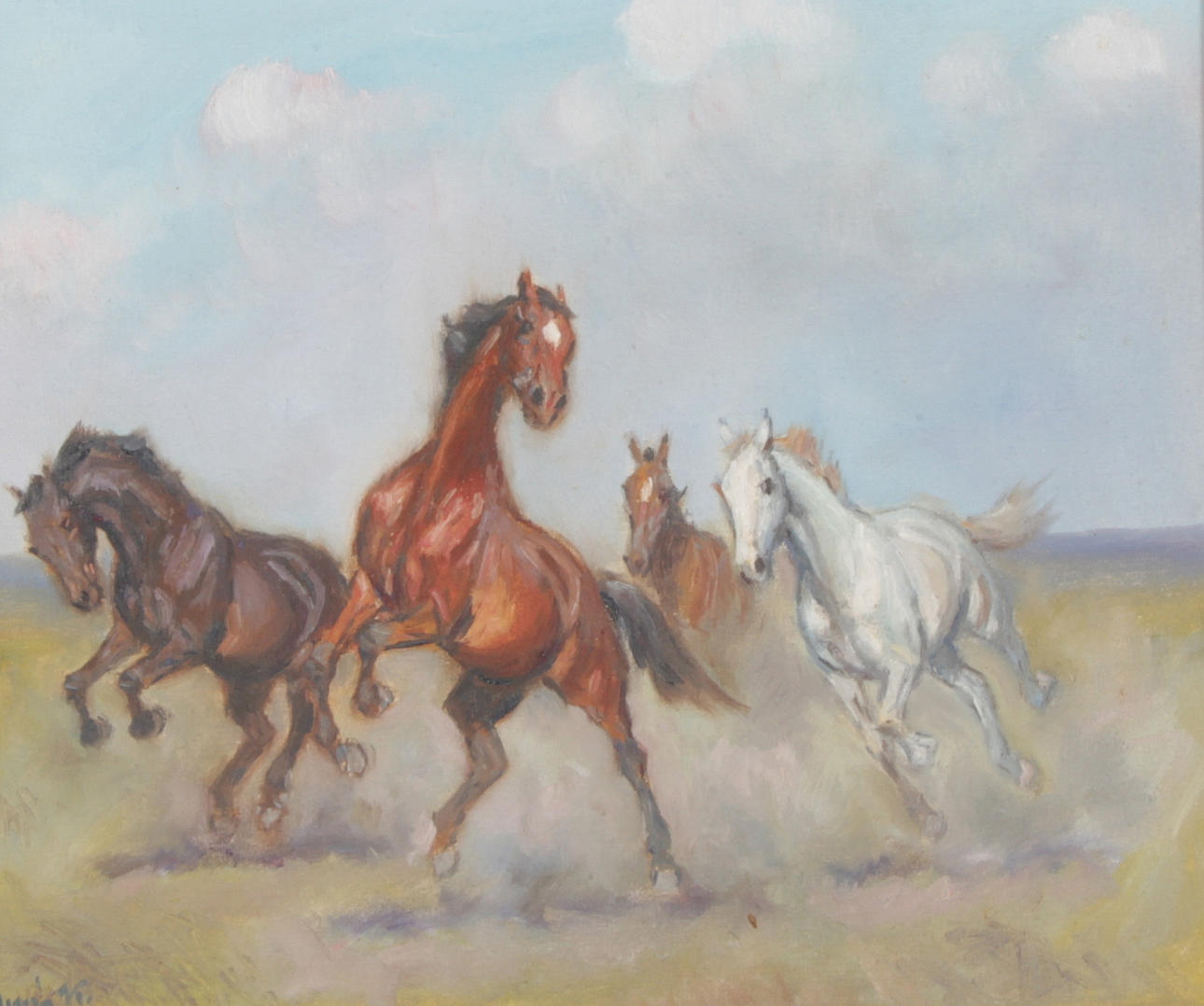 OIDENTIFIERAD KONSTNÄR. Olja på duk, hästmotiv, signerad, Ungern.