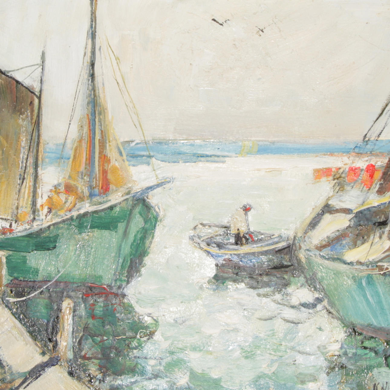 KNUT NORRMAN. Olja på pannå, motiv av båtar som lagt till, signerad.