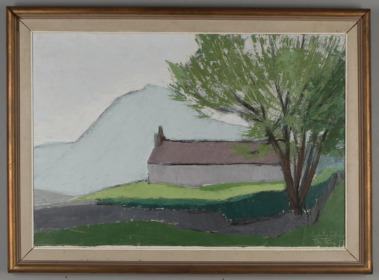 TAGE BJÖRK. Landskap med byggnad, olja på duk, signerad.