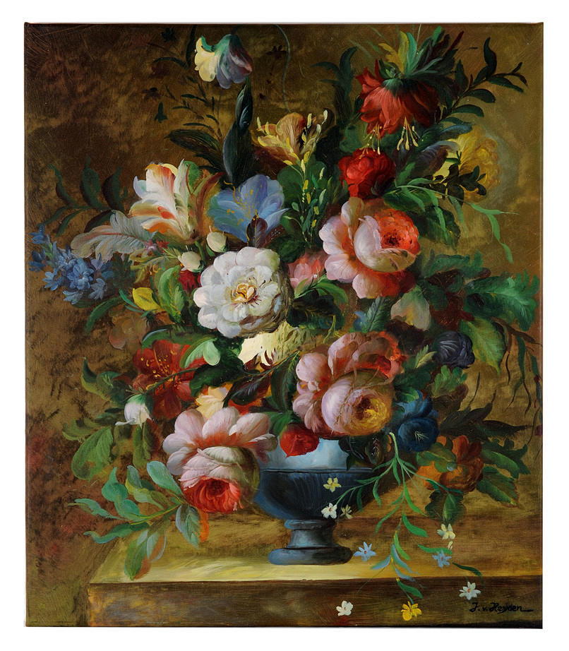 UNBEKANNTER KÜNSTLER. Stilleben. Magnifika blomställningar i en kratervas. Arbeta i stil med gamla mästare.