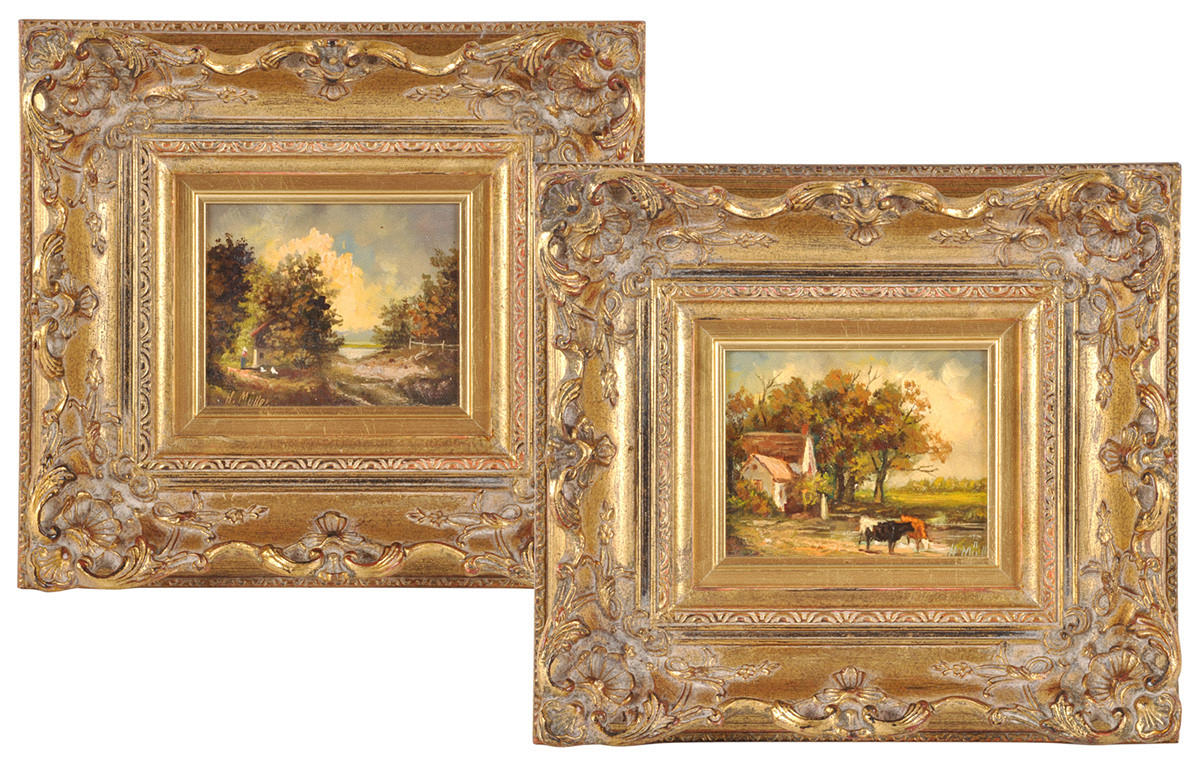 H. MÜLLER, MÜNCHENER SCHULE. Småformat landskap, oljemålningar på trä, magnifika ramar.