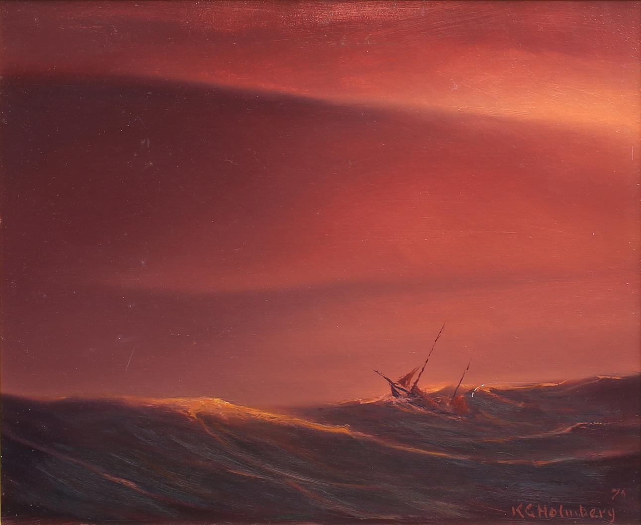 KARL GUSTAV HOLMBERG. Fartyg i skymning. Olja på pannå, signerad och daterad -75.