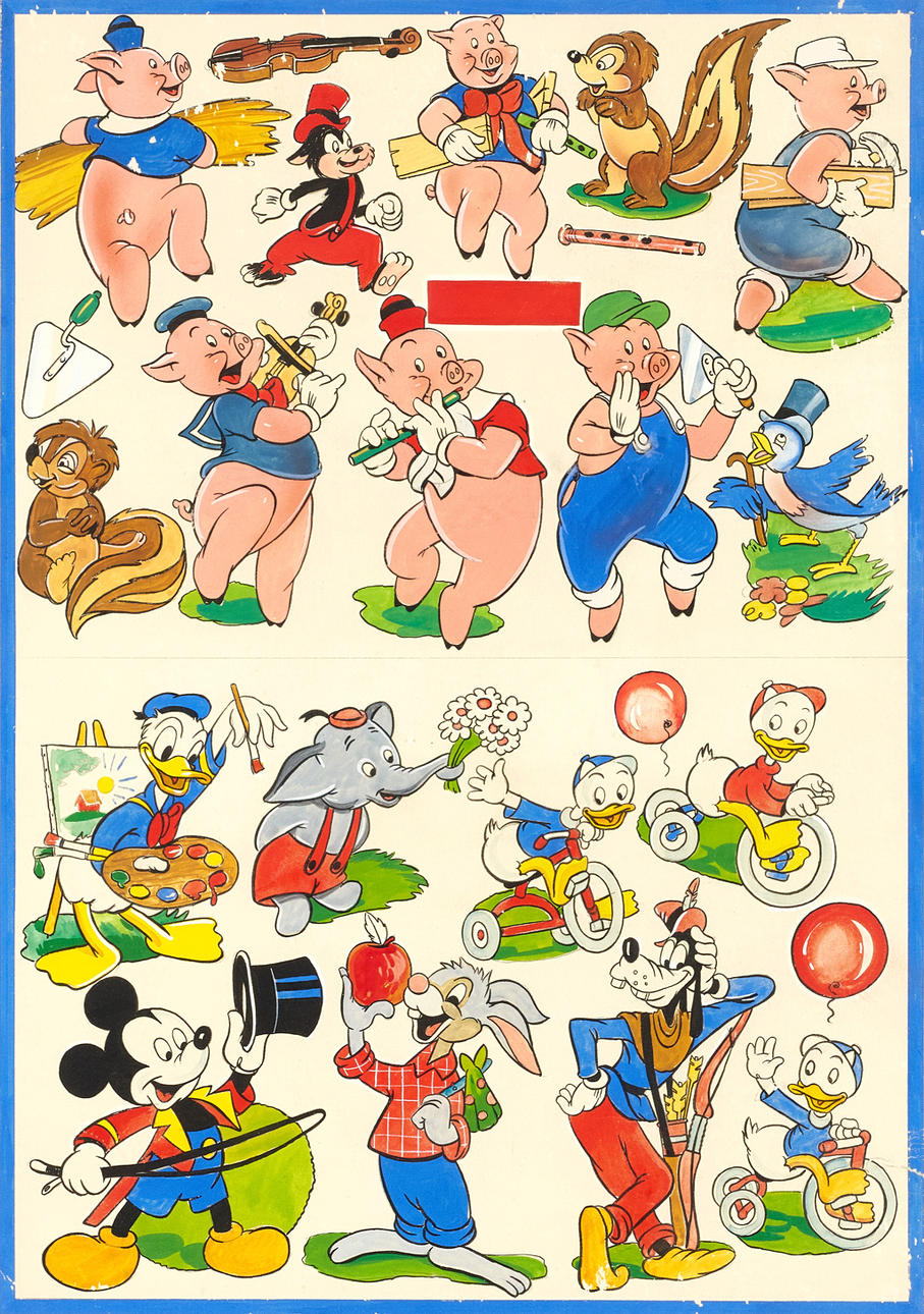 GOUACHE, Disney-figurer som Donald Duck, Mickey Mouse, Goofy og andre.