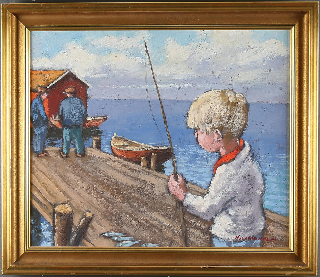 HELGE LINDHOLM. Pojke på brygga, olja på duk, signerad.