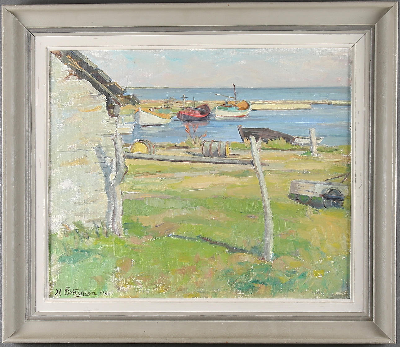 HARALD ÖSTERGREN. Fiskeläger, Öland, olja på pannå, signerad och daterad 49.